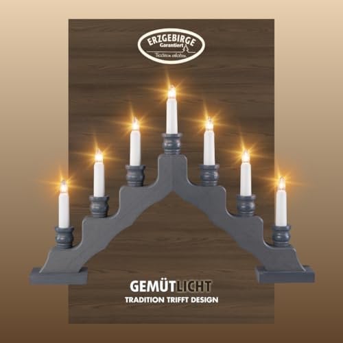 WEIGLA - Schwedenleuchter original Erzgebirge I Trendiger Schwede GRAU I LED I Schwibbogen Weihnachten I 7 Lampenkerzen + 1 Ersatzlampe I 7 x 34 V, 0,2 W, E10 I Weihnachtsdeko innen I Kiefernholz