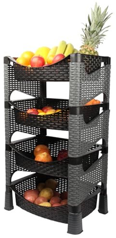 Violet House 4 Tier Plastic Rattan Style Fruit Vegetable Kitchen Storage Rack Veg And General Use Standing Shelves. (Black)