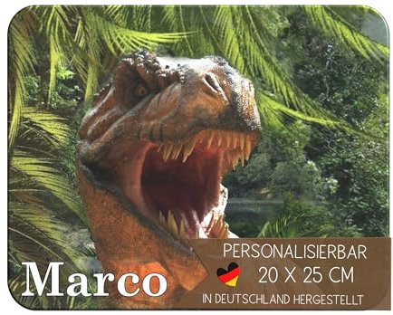CreaDesign Personalisiertes Kinder Frühstücksbrett mit Namen, 20x25cm,rutschfestes Schneidebrett aus Kunststoff,Dinosaurier T-Rex Design,spülmaschinen&mikrowellengeeignet,Schneidbrett für Kinder