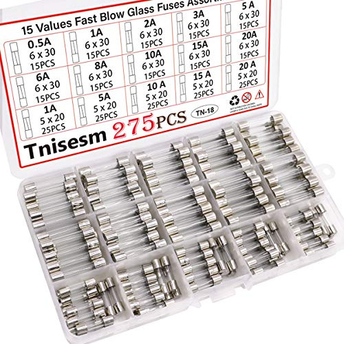 Tnisesm 275 Pcs Fast Blow Glass Fuses Assortment Kit 0.5A, 1A, 2A, 3A, 5A, 6A, 8A, 10A, 15A, 20A, 6x30mm, 1A, 5A, 10A, 15A, 20A 15 Values 250V with Plastic Box Tn-18