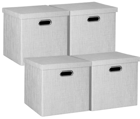 Posprica Storage Bins with Lids,13×13×13 Foldable Storage Cube Baskets Boxes Fabric Drawers for Closet Shelf Cabinet Bookcase,Set o f 4,Sliver grey