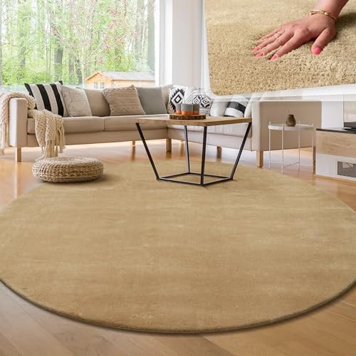 Paco Home Moderner Kuscheliger Wohnzimmer Teppich Kurzflor waschbar flauschig Weich Einfarbig Felloptik zeitlos stilvoll rutschfest pflegeleicht, Grösse:200 cm Rund, Farbe:Beige