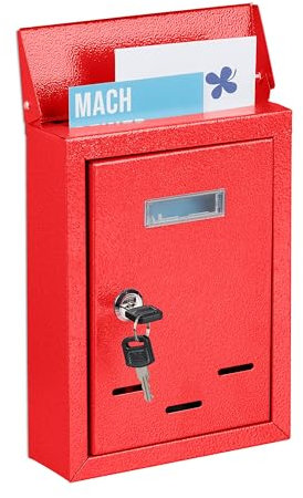 Relaxdays Briefkasten mit Namensschild, aus Metall, mit 2 Schlüsseln, Postkasten schmal, HxBxT: 26,5 x 19 x 6,5 cm, rot