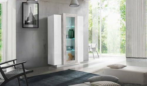 Dmora - Vetrina Kevin, Credenza con tre ante, Mobile da soggiorno multiuso, 100% Made in Italy, cm 80x38h121, Bianco lucido e Cemento