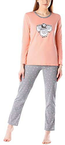 Merry Style Damen Lang Zweiteiliger Schlafanzug aus Baumwolle Pyjama Set Winter MS10-169 (Lachs Grau/Schafe, XL)