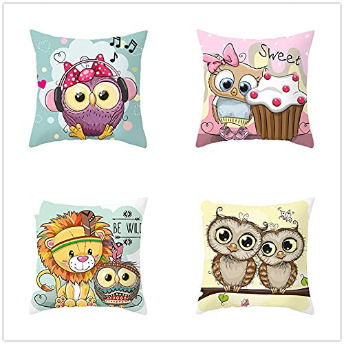 YNGBAAO 4er Set Dekorativ Kissenbezug Kissenhülle Baumwolle Leinen 40x40cm Cartoon Süße Eule Quadrat Doppelseitig Kissenbezüge mit Unsichtbarem Reißverschluss für Sofa Büro Home 16x16inch