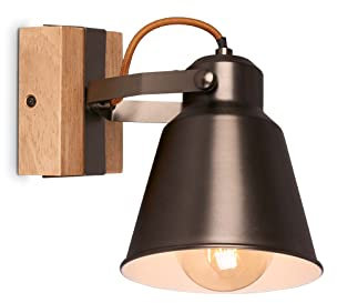 BRILONER Leuchten Wandlampe retro mit Holz, 1-flammige Wandleuchte vintage, E27 Fassung max. 40 Watt, verstellbarer Lampenschirm, rustikaler Wandspot 2406-014 Antik-grau