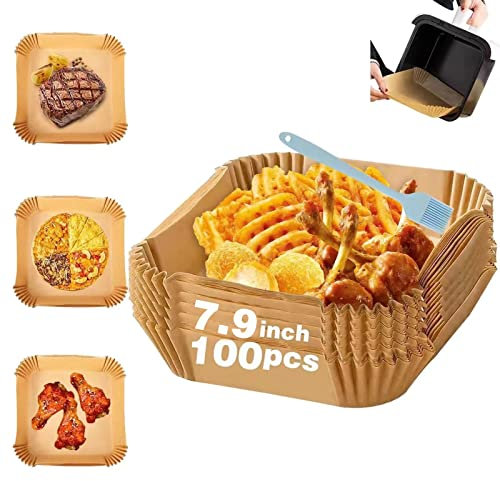 LLGLEU LLGLEU 100 Stück Backpapier für Heißluftfritteuse, quadratisches Backpapier Airfryer, antihaftbeschichtetes Einweg-Pergamentpapier mit Bürste, nicht porös, ölbeständig, wasserdicht, Bratpfanne