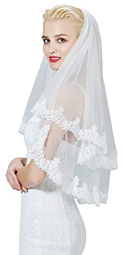 BEAUTELICATE Brautschleier Hochzeitsschleier Schleier Blusher Mit Spitze für Braut Hochzeit Weiß Elfenbein Mit Metall Kamm Ellenbogenlänge 2 Schicht V133