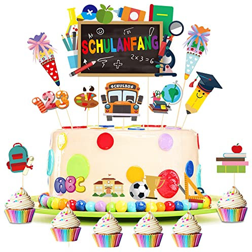 ENYACOS 15pcs Schulanfang Tortendeko,Einschulung deko Torte Mädchen und Junge,Schulanfang Cake Topper,Schuleinführung Torte Dekorationen Muffin deko,Schulkind deko Kuchen,kuchendeko Schule (A)