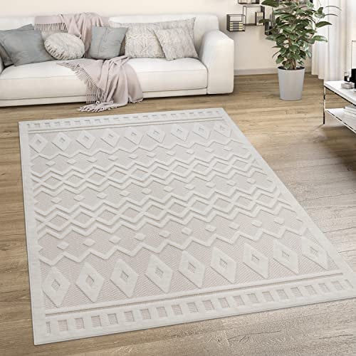 Paco Home Outdoor Teppich wetterfest & langlebig Moderne Boho-Designs mit 3D-Effekt Skandi-Look UV-beständig & robust für Balkon, Garten, Wohnzimmer & Küche, Grösse:140x200 cm, Farbe:Creme 3