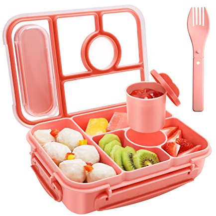 Amathley Bento Box Adult Lunch Box,Leakproof Lunch Box Kids with 1300ML-5 Compartments,Bento Box with Sauce Vontainers,Microwave & Dishwasher & Freezer (Pink)