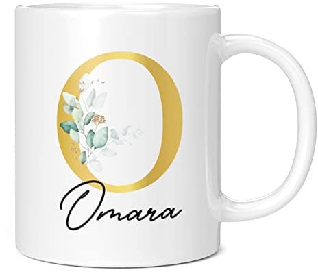 Personalised Letter O Floral Mug Initial with Name, Customised Gift, Gold Effect Printed Letter, NOT Metallic - Ceramic Coffee Cup for Men or Women, Extra Large and Giant Mug, 11oz White Cup