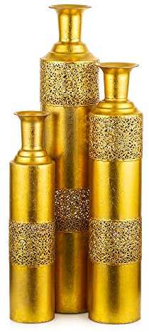 Sziqiqi Gold Metall Bodenvase Groß 3er Set – 83/68/55 cm Hoch Vasen für Boden, Vintage Hohe Bodenvase für Zweige Äste Getrocknete Blumen, Antike Shabby Chic Boden Vase für Wohnzimmer Schlafzimmer