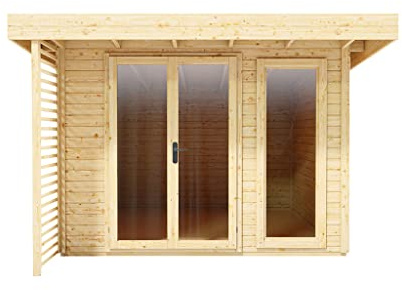 Woodtex Holz Gartenhaus Arvo | Wandstärke 28 mm | Naturbelassen | BxTxH: 340 x 369,4 x 232,2 cm | Sockelmaß Haus: BxT: 300 x 300 cm | Grundfläche: 9 m² | inkl. Ganzglastür & 2 Fenster
