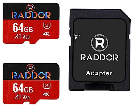R Raddor Micro SD Card 64GB 2Pack with UHS-I L, U3, V30, Class10, high Speed 95mb per Second TF Card 4k Recording Memory Card with Adapter