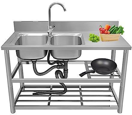 Lavello in Acciaio Inox 2 vasche,Lavandino da Esterno con Mobile,Lavandino Autoportante Commerciale,Lavello postazione di Lavoro,con Rubinetto,Componenti di Drenaggio,Supporto,per Ristorante ( Color :