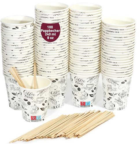 100 Einweg-Kaffeetassen aus weißem Papierkarton, 240 ml / 8oz - Starke und elegante Tassen für heiße oder kalte Getränke, perfekt für Büro und Zuhause. Inklusive Holzrührstäbchen