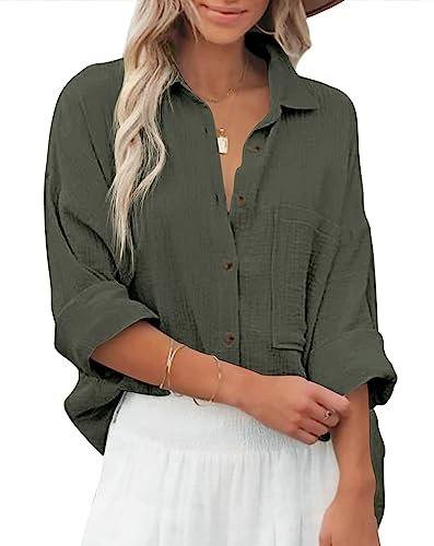 Zitiki Bluse Damen Baumwolle Lässiges Hemd V-Ausschnitt Langarm Elegant Oberteile Lose Shirts mit Brusttaschen (Small, Militärgrün)