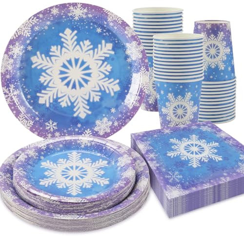 OTTPOOM Frozen Birthday Party Decorations Serves 25 Frozen Party Supplies Tableware Disposable Christmas Snowflake Paper Plates Napkins Cups for Winter Wonderland Birthday Party Decorations
