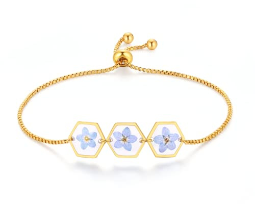 WESIHOO Bracelet à fleur sauvage pressée Myosotis, bijou à fleurs pressées doré ou argenté, bijou artisanal personnalisé, idée cadeau pour femme