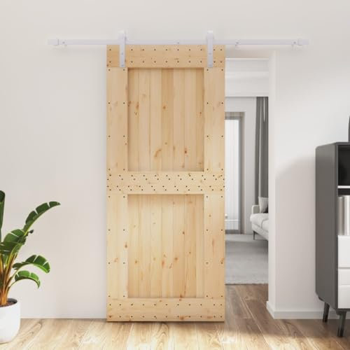 Baziroo Schiebetür mit Beschlag Weiß 90x3,6x210 cm Massives Kiefernholz und Stahl Schibetür Wohnzimmertuer Schwebetür Sliding Door Zimmertür Holz Zimmertüren Scheunentor Holztuer Innentüren