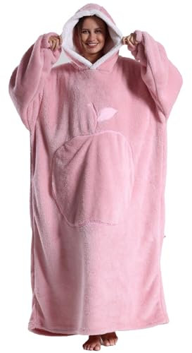 Pterygoid Extra Long Oversized Blanket Hoodie,Hooded Wearable Blanket with Sleeves for Women and Men,Soft Fleece Giant Sweatshirt with Pocket Gift for Adult Teenager,Pink