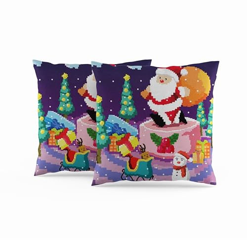 ggaimwf Weihnachts kissenbezüge 45x45cm Weihnachtsmann Weihnachtsbaum Hirsch Schneemann Pixel Stil Kissen Winter Leinenkissen Schlafzimmer Frohe Weihnachten Wohnzimmer 2er Set