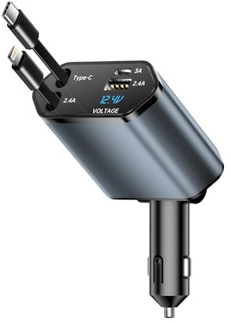 XIANGBIN 120W Retractable Car Charger 4 in 1 Car Charger Adapter with Retractable Cables and Voltage DisplayWith USB/USB-C Ports Compatible with iPhone, Android, Samsung Galaxy