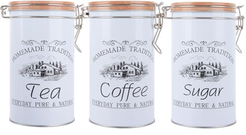 MEIDIV Tea Coffee Sugar Canisters Set of 3, Vintage Tea Coffee Sugar Canisters, Air Tight Tea Coffee Sugar Jars, White Tea Coffee Sugar Canisters, kitchen Canisters for Tea Coffee Sugar