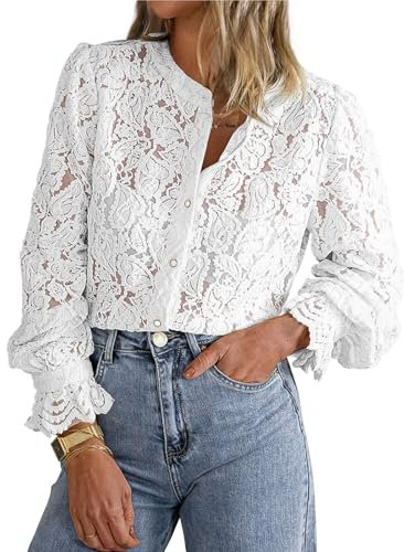Women's Dressy Casual Lace Blouse, Long Sleeve Lace Blouses for Women,Long Sleeve Button Up Shirts Tops,Women's Lace Long Sleeve Tops,Dressy Casual Button Down Shirts (White,M)