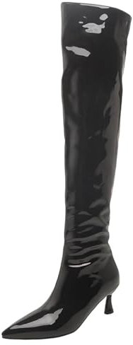 HSyc JRX Stivali sopra il ginocchio con tacco alto 5 cm sopra il ginocchio in vernice, Nero , 38.5 EU