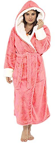IQYU Women's Dressing Gown with Hood Cuddly Bathrobe Fluffy Long House Coat Fleece Plush Bathrobes Winter Warm Sauna Gown with Belt Loungewear Plus Size Nightdress Terry Cloth Soft Pyjamas, pink, L