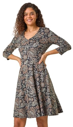 Roman Fit & Flare Dress for Women UK - Ladies Stretchy Skater Swing A Line Everyday Tea Autumn Winter V-Neckline Comfy Soft Evening Vacation Work Party Night Out
