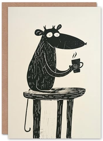 Artery8 Cartoon Rat Mouse Drinking Coffee Black Blank For Him Or Her Art Birthday Card