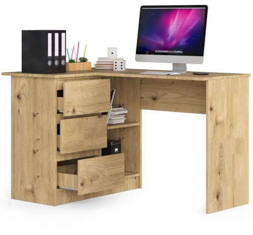 BDW Eckschreibtisch Eiche Artisan Links, 3 Schubladen rechts und 2 Regale, viel Platz zum Entfalten. Perfekt für Jugendzimmer, Büros und Ateliers.
