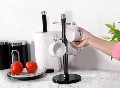 UNIQUE CRAFTS Stainless Steel Paper Towel Holder and Mug Tree Set, Paper Roll Holder and Coffee Mug Holder Stand for Kitchen, (black)