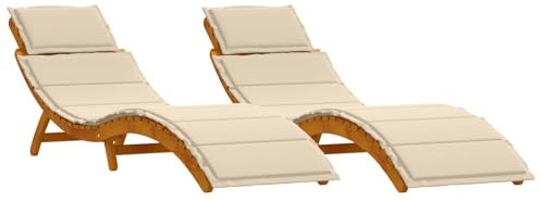 vidaXL Juego de Tumbonas Plegables de 2 Piezas con Cojines de Madera Maciza de Acacia, Asiento Ajustable para Jardín, Balcón, Al Lado de la Piscina, Resistente a la Intemperie y Cómoda Tumbona para Pa