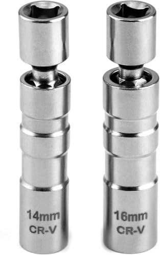 2Pcs Magnetic Swivel Spark Plug Socket Set 14mm & 16mm 3/8-Inch Drive Thin Wall CR-V Steel 12-Point Universal Joint Socket for Easy Spark Plug Removal and Engine Repair