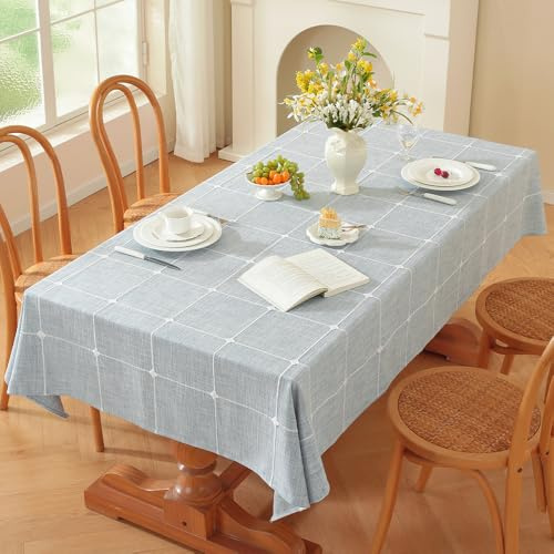 Plenmor Leinen Baumwolle Tischdecke Abwaschbar 180x135cm | Leinenoptik Gobelin Tischdecken Blaue Leinen Tischdecke Rechteckig für Küche, Garten, Party, Outdoor
