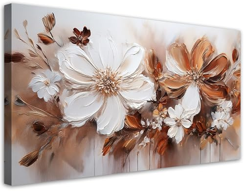 Feeby Bild auf Leinwand - Wandbilder Wohnzimmer Aesthetic - Braune weiße Blumen Natur - 80x40 1tlg - Schlafzimmer Wandekoration - Bilder Zimmer - Living Room - Deko Wandbilder - Moderne Bild