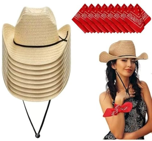 Lot de 10 Chapeau Cowboy avec Bandanas pour Homme Femme Western Cowgirl Hat Foulard Chapeau de Paille Panama pour Accessoires de Fête, Rodéo, Mascarades (FR/ES, Alpha/Lettres, Taille Unique, Beige)