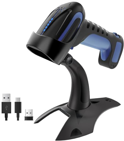 Tera Barcode Scanner kabellos 2D QR mit Ständer: Pro-Version Batteriestandsanzeige 2500mAh Industrietauglicher Barcode-Leser kompatibel mit Bluetooth 2.4G für Windows Mac Android iOS 8100 Dunkelblau