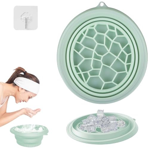 TREABEAR Portable Silicone Foldable Facial Ice Bath Bowl Grün, Waschschüssel Pflege für Erwachsene mit Iswürfel Form, Spülschüssel Faltbar mit Haken Geeignet für Eisbad-Gesichtsbehandlungen