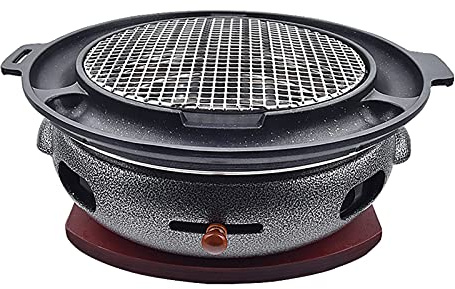 Tragbarer BBQ-Grill, Holzkohlegrill aus Gusseisen, rauchfreier Grill mit Holztablett, mehrfarbig, 32 cm x 10,5 cm, for Camping-Picknick(J)