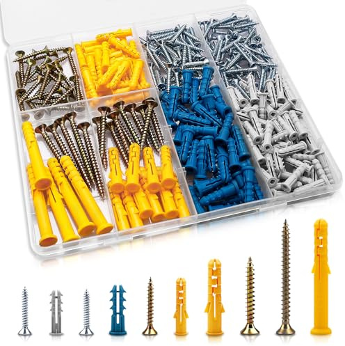 270Pcs Screws and Wall Plugs Set, Wall Plugs and Plasterboard Screws | 5 Sizes Raw Plug Assortment Kit, Plasterboard Fixings for Brick Concrete Drywall
