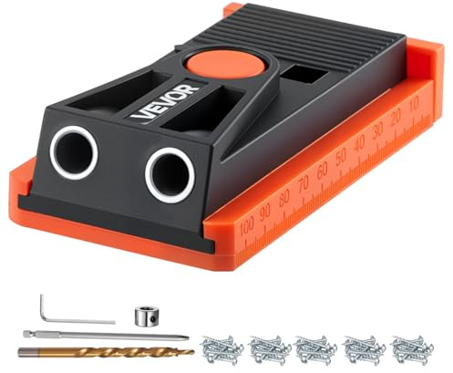 VEVOR Kit de Plantilla, para Agujeros Ocultos Ajustable 12,7 a 38,1 mm, Plástico, con Broca Escalonada, Llave Hexagonal, Anillo de Tope para Taladro, Punta Cuadrada y Tornillos, 190 x 95 x 35 mm