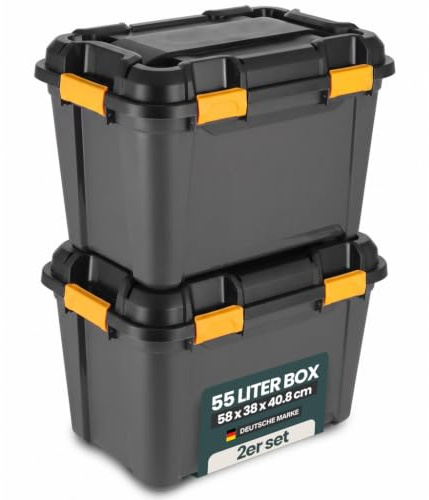 Kreher® Bunker Tough Aufbewahrungsbox 55L - 58 x 38 x 40,8 cm - IP67 wasserdicht & staubdicht, UV-beständig, schlagfest - Ideal für Werkzeug, Garage, Camping, Outdoor & Haushalt - 2 Stück