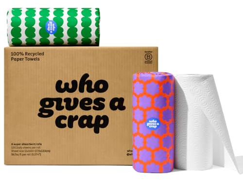 Who Gives a Crap Recycled Paper Towels, 2 Ply, 6 Rolls, 135 Adjustable Sheets per Roll, 100% Recycled Paper, Strong, Durable, Absorbent, & Sustainable, Eco Friendly With Plastic Free Packaging, White
