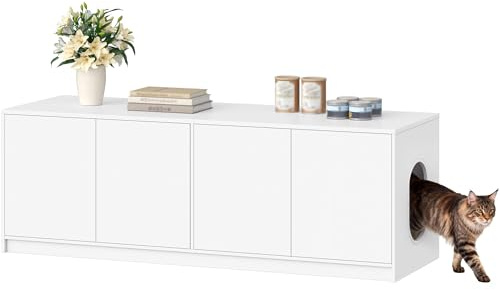 Fobyfurny Katzenklo Schrank für 2 Katzen, 120 x 50 x 51,5 cm, Weiß | Versteckte Katzenschrank mit Drucktüren und Belüftungslöchern, Minimalistisches Katzenhaus, Wohnzimmer FPCB203PW1